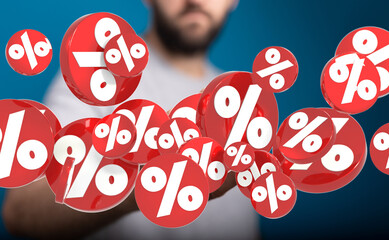 3D rendered image of red percentage symbols floating around a person, ideal for discount, sale, and...