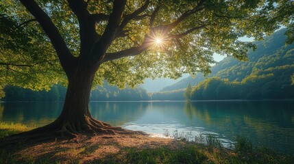 A serene lake scene with a majestic tree silhouetted against the glistening water, sunlight filtering through leaves creating a peaceful atmosphere in this natural landscape.