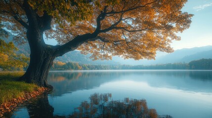 Serene autumn lake landscape with a large tree adorned with golden leaves reflecting in the water, creating a peaceful and scenic view of nature's beauty.