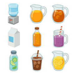 Beverage Dispenser Icons. Isometric Flat icon set of beverage dispenser solutions: clear water dispenser, clear juice jug, clear