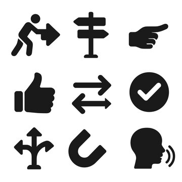 Behavior Change Icons. Solid, filled icon set of nudging and behavior change: push icon, signpost, hand guiding, thumbs up, arrow