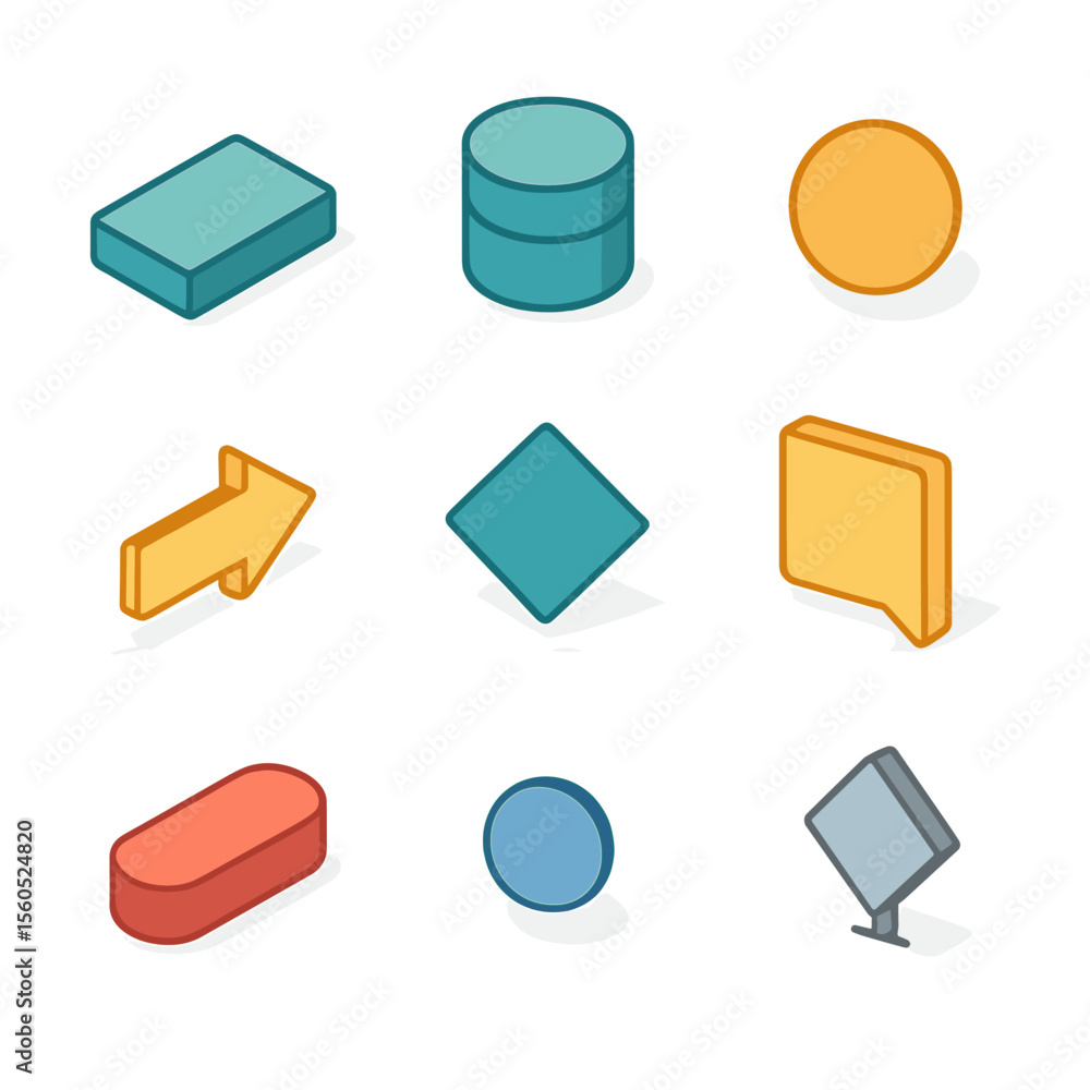 Poster isometric data icons. isometric flat icon set of data flow diagram symbols: process box, data store 