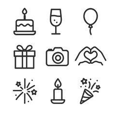 Celebration Icon Set. Outline icon set of life event celebrations: birthday cake, champagne glass, party balloon, gift box, camera