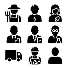 Bioenergy Stakeholder Icons. Solid, filled icon set of bioenergy stakeholders: farmer, technician, environmentalist, energy