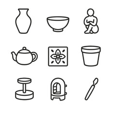 Ceramic Icons Collection. Outline icon set of artisanal ceramic decor pieces: wheel-thrown vase, glazed bowl, sculpted figurine,