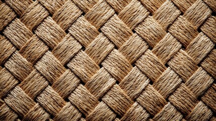 Close-up detailed texture of natural woven material background. Handcrafted diagonal straw or raffia weave pattern provides rustic organic surface.
