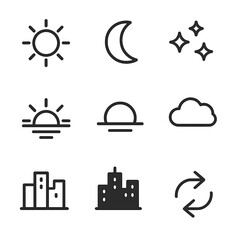 Naklejka na ściany i meble Day-Night Icon Set. Outline icon set of Day and Night Cycle: full sun, crescent moon, star cluster, sunrise over horizon, sunset