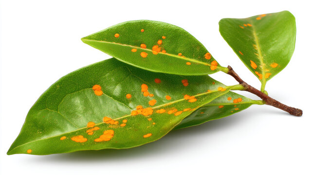 Rust Fungus, A minimalist close-up of a plant leaf with small, bright orange rust fungus pustules, presented as a scientific specimen, isolated on a clean white background.