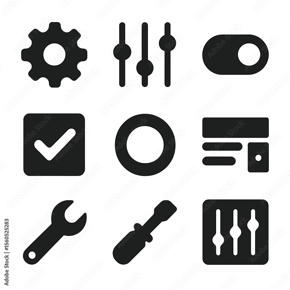 Poster black settings icon set. solid, filled icon set of setting controls: gear, slider, toggle switch, ch