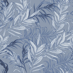 Beautiful toile de jouy vector tropical seamless pattern with blue palm leaves