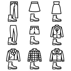 Boot Fashion Icons. Outline icon set of boot fashion combinations: boot and jeans, boot and skirt, boot and dress, boot and