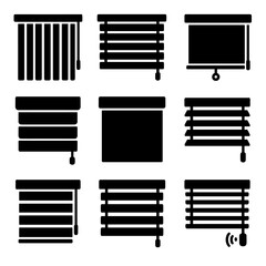 Blind Types Icons. Solid, filled icon set of window blind types: vertical blinds, horizontal blinds, roller blinds, Roman shades,