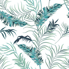 Beautiful vector tropical seamless pattern with elegant green palm leaves