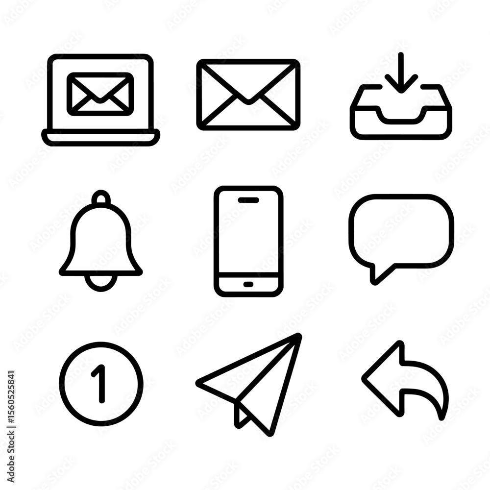 Poster email icons grid. outline icon set of checking emails and messages: laptop screen, email envelope, i