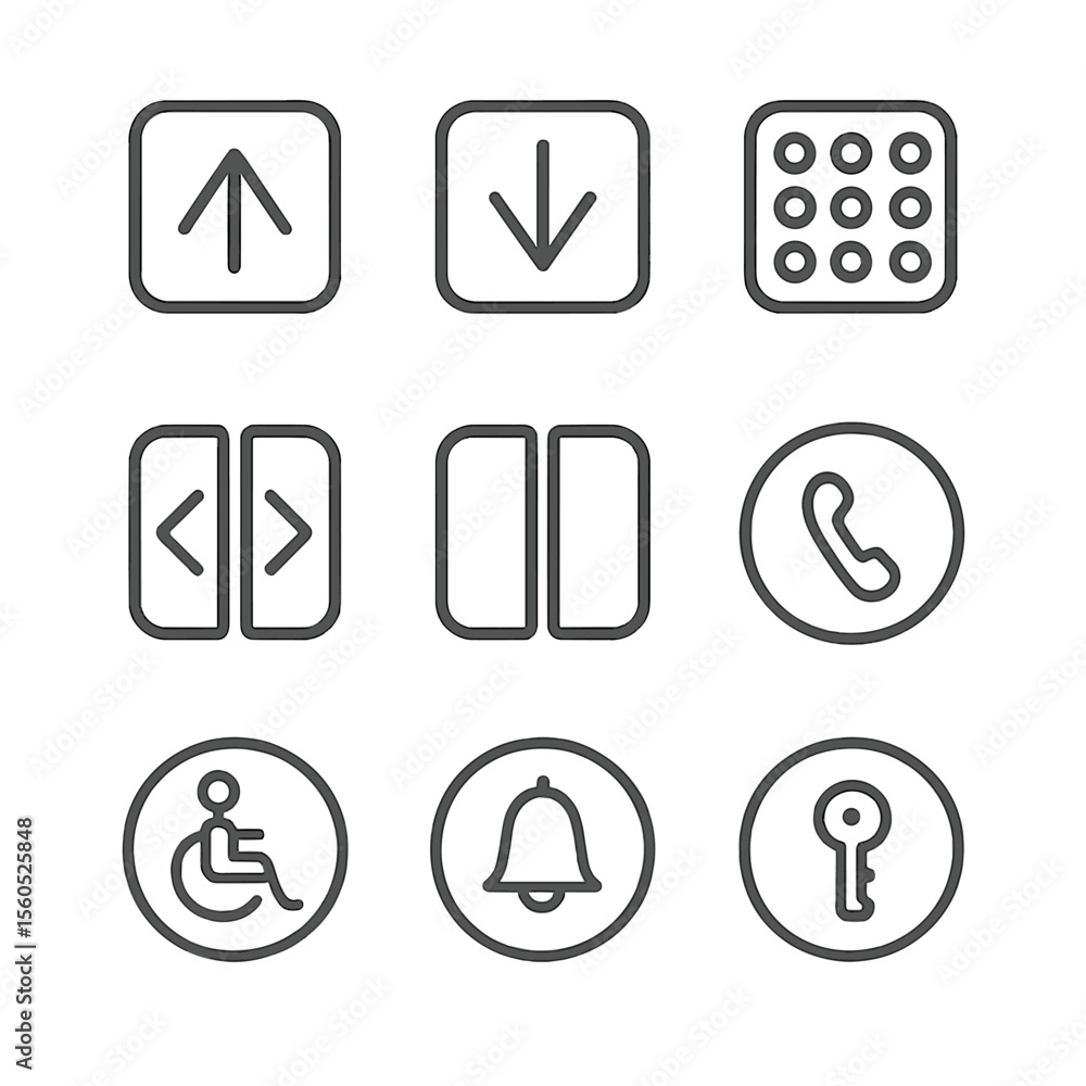 Aufkleber elevator button icons. outline icon set of elevator control buttons: up arrow, down arrow, floor num