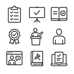 Compliance Icons Grid. Outline icon set of compliance training and policy: checklist clipboard, presentation screen, training