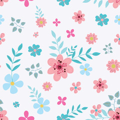Fashion liberty pink and blue flowers rustic vector pattern for textile, wallpapers. A lot of different flowers on the field