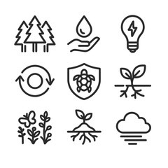 Conservation Benefits Icons. Outline icon set of conservation benefits: forest preservation, water savings, energy reduction,