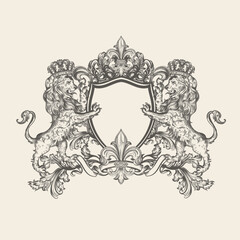 Heraldic vector luxury coat of arms with lions, crowns and hand drawn fleur de lis illustration in vintage style