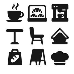 Fototapeta na wymiar Bread Café Icons. Solid, Filled icon set of bread-themed café elements: coffee cup, croissant display, espresso machine, café