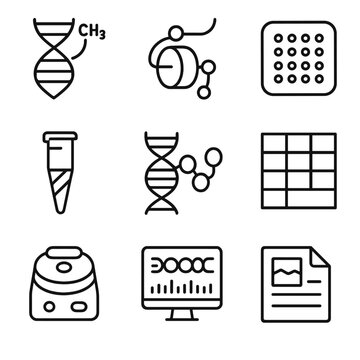 Epigenetic Profiling Icons. Outline icon set of epigenetic profiling: DNA methylation marker, histone tail icon, epigenetic chip,
