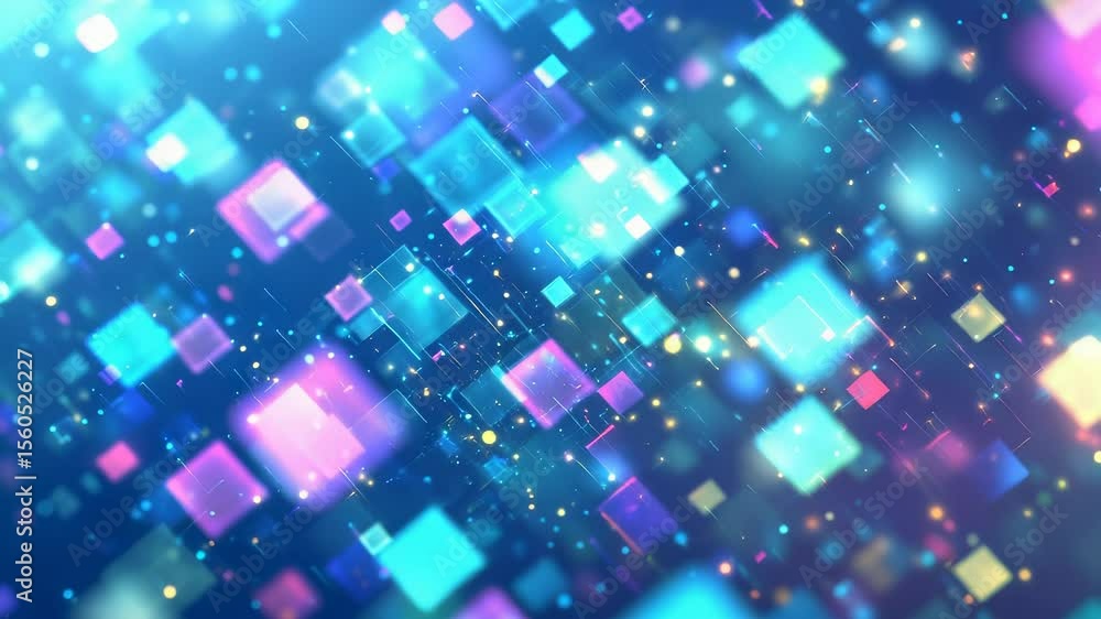 Poster abstract background of floating neon colored squares and glittering particles