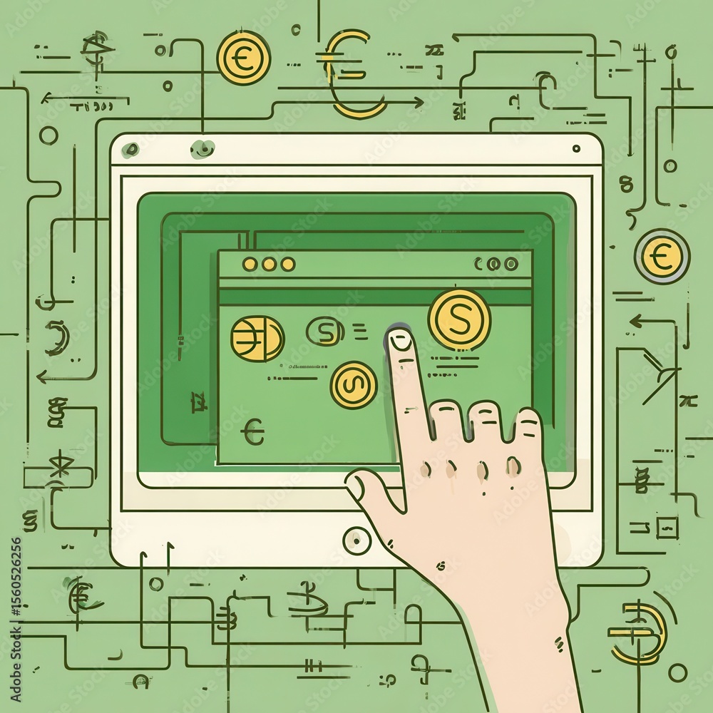 Aufkleber hand interacting with a digital tablet displaying currency options.