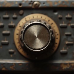 Top view of retro radio tuning knob, textured surface with patina, analog dial visible, minimal background, concept of timeless audio and tactile interaction.

