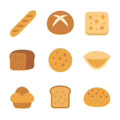 Bread Icon Grid. Flat icon set of bread varieties: baguette, sourdough loaf, ciabatta, rye bread, focaccia, pita pocket, brioche