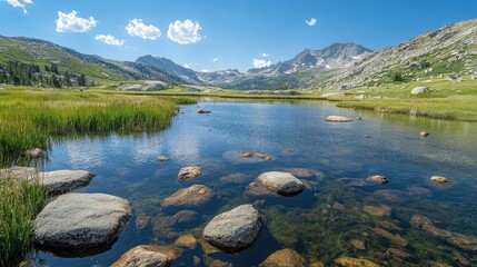 Serene mountain lake reflects the blue sky, surrounded by lush green meadows and towering mountain peaks, a natural scene of tranquility and pristine beauty under white fluffy clouds.