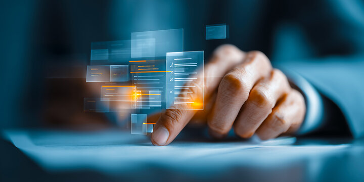 Auditor Examining Floating Financial Records and Interactive Digital Compliance Checklists in Bright Office Space