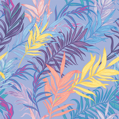 Summer vector tropical seamless pattern with colorful palm leaves