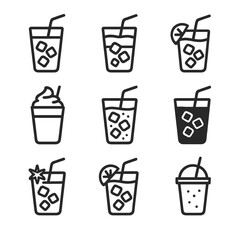 Flavored Iced Beverages Icons. Outline icon set of flavored iced beverages: iced coffee, iced latte, iced tea, frappe, iced matcha