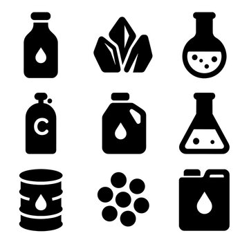 Chemical Material Icons. Solid, filled icon set of chemical raw materials: ethanol bottle, sulfur crystals, ammonia flask,