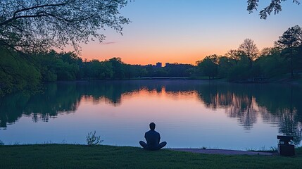 Tranquil moment by a lake as a figure meditates peacefully at sunset, trees and vibrant skies reflect in the water promoting calmness and spiritual well being.