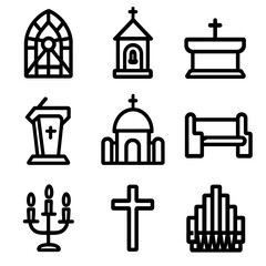 Fototapeta premium Church Icon Set. Solid, filled icon set of church architecture elements: stained glass window, bell tower, altar, pulpit,