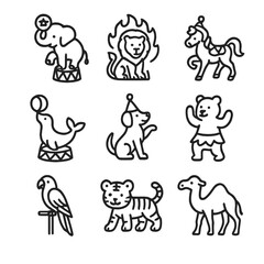 Fototapeta premium Circus Animal Parade Icons. Outline icon set of animals in parade: performing elephant, tamed lion, circus pony, trained seal,