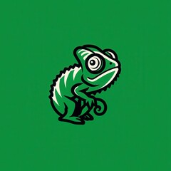 Cute cartoon chameleon illustration on a solid green background.