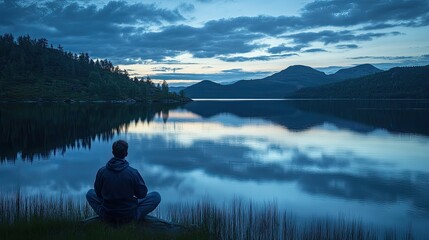 A serene vista of a tranquil lake reflecting the sky, featuring a lone figure meditating peacefully in nature surrounded by mountains and forest during twilight