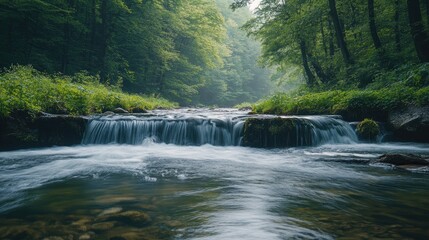 A serene nature scenery reveals a beautiful waterfall cascading gently into a river amidst lush green trees, creating a peaceful and refreshing environment in a forest setting.