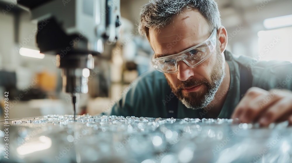 Poster skilled craftsman focusing on precision machining in a workshop setting during daylight hours