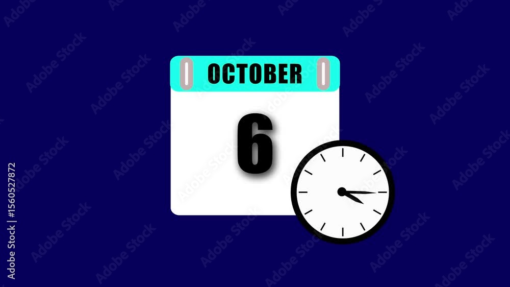 Poster october sixth calendar date and analog clock face with shadow on dark blue background