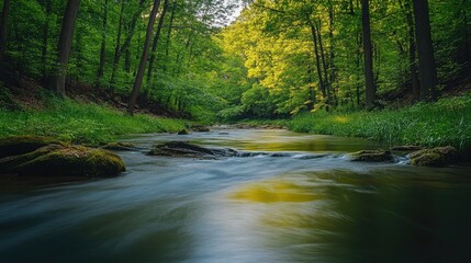 Serene river flows through a lush green forest with vibrant trees and mossy rocks, offering a peaceful nature scene, showcasing tranquility and the beauty of the natural environment.