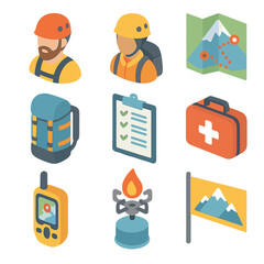 Guided Climbing Expedition Icons. Isometric Flat icon set of guided ice climbing expedition: mountain guide avatar, client climber