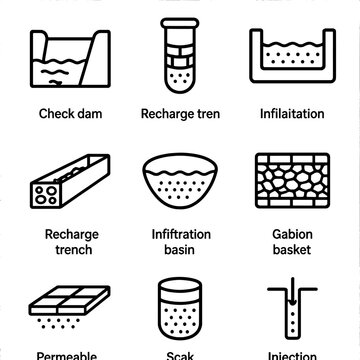 Groundwater Recharge Icons. Outline icon set of groundwater recharge structures: check dam, recharge well, percolation tank,
