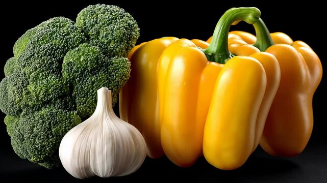 Fresh vegetables including yellow bell peppers, broccoli, and garlic showcased against a dark background in a kitchen setting