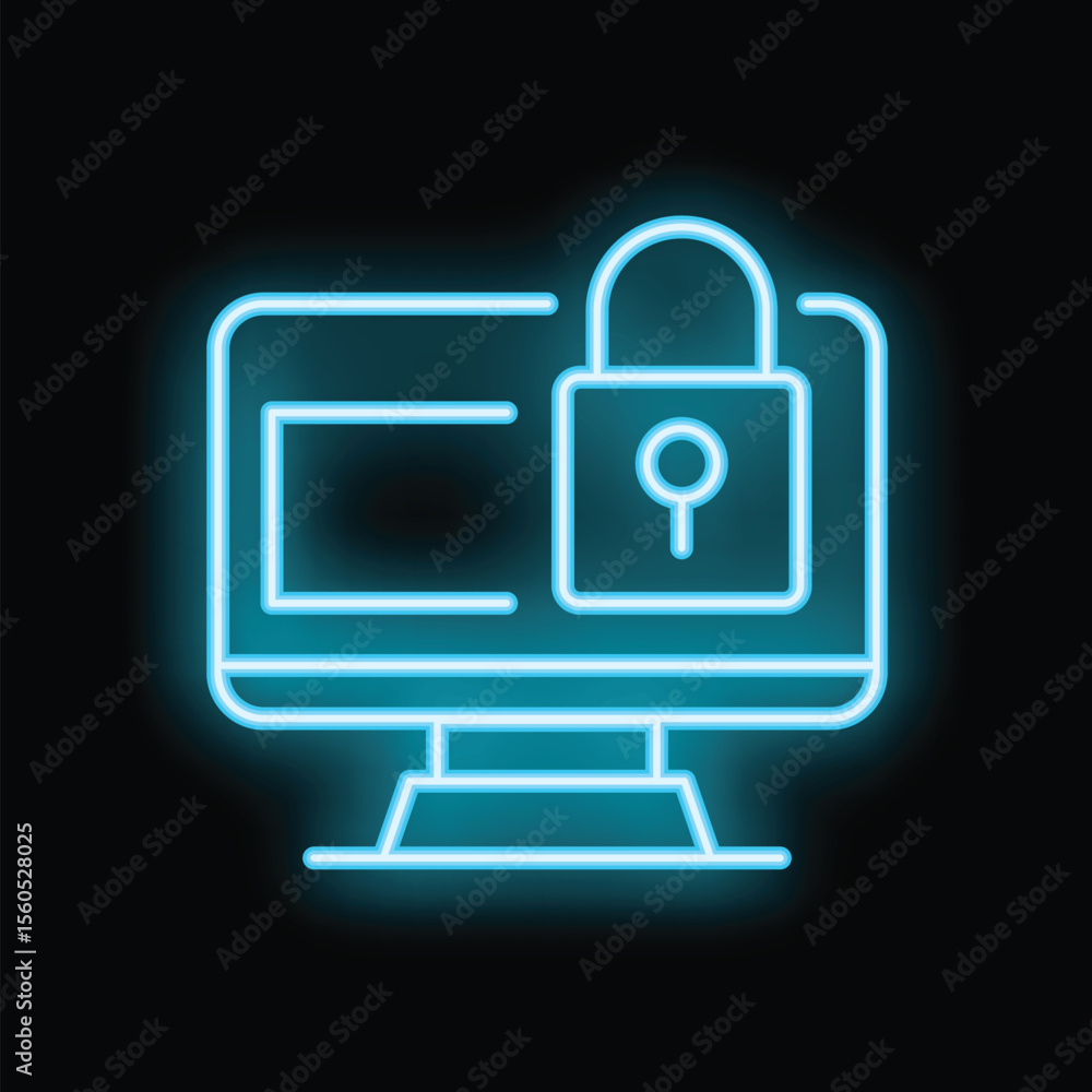 Poster neon computer screen with a padlock is showing, representing cybersecurity