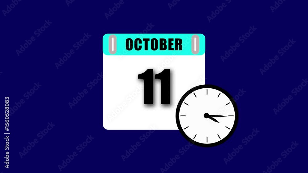 Poster calendar and clock animation depicting october eleventh date and time