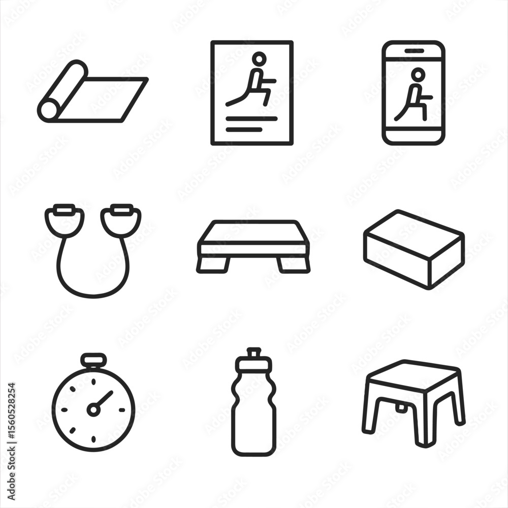 Aufkleber home workout essentials. outline icon set of home exercise program: exercise mat, instructional char