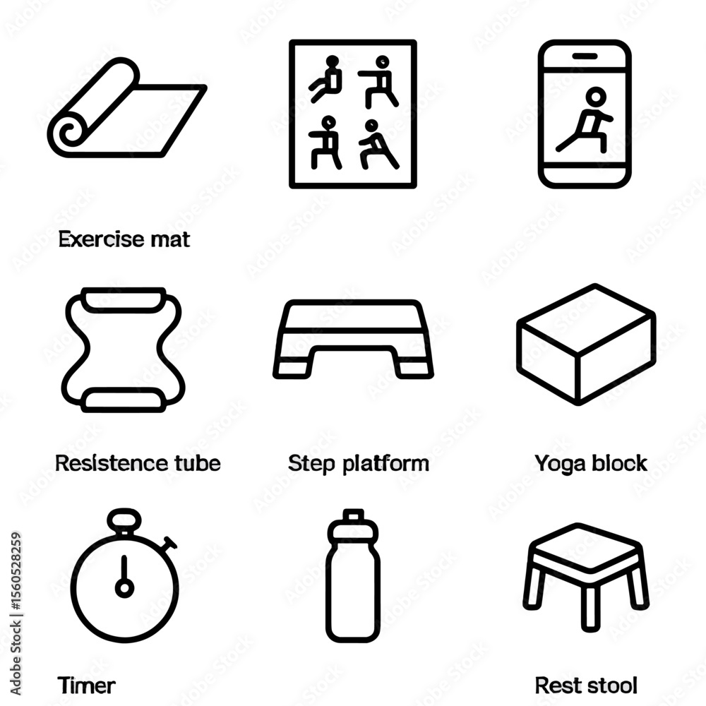 Aufkleber home workout essentials. outline icon set of home exercise program: exercise mat, instructional char